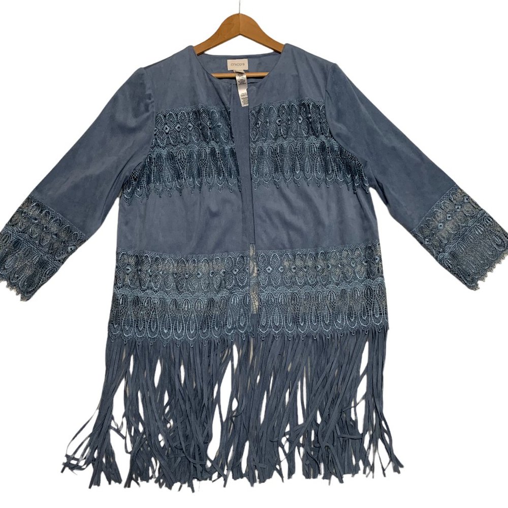 CHICO'S Faux Suede Cardigan Blue Fringe Crochet Lace Shirt Open Jacket
